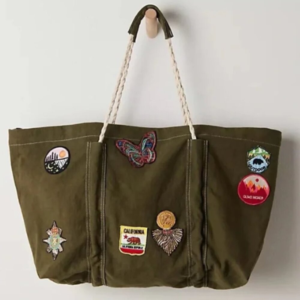 Olive Green Badge Canvas Tote Bag with Rope Handles